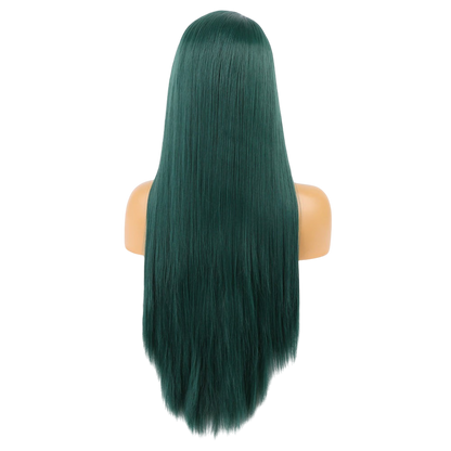 Yoyo Crown long straight forest green synthetic lace front wig shown from the back on a mannequin head