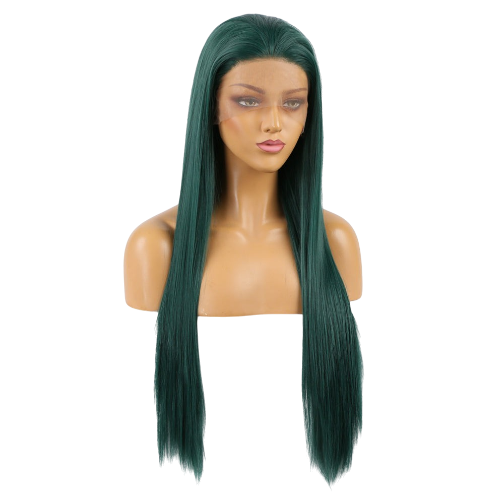 Yoyo Crown long straight forest green synthetic lace front wig on a mannequin head for a natural hairline look