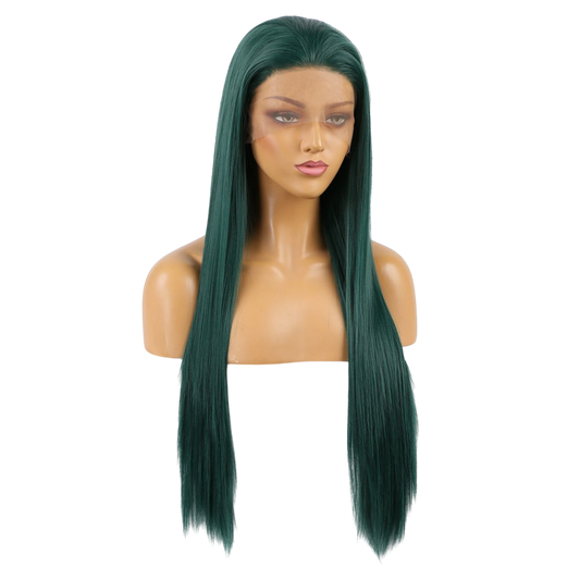 Yoyo Crown long straight forest green synthetic lace front wig on a mannequin head for a natural hairline look