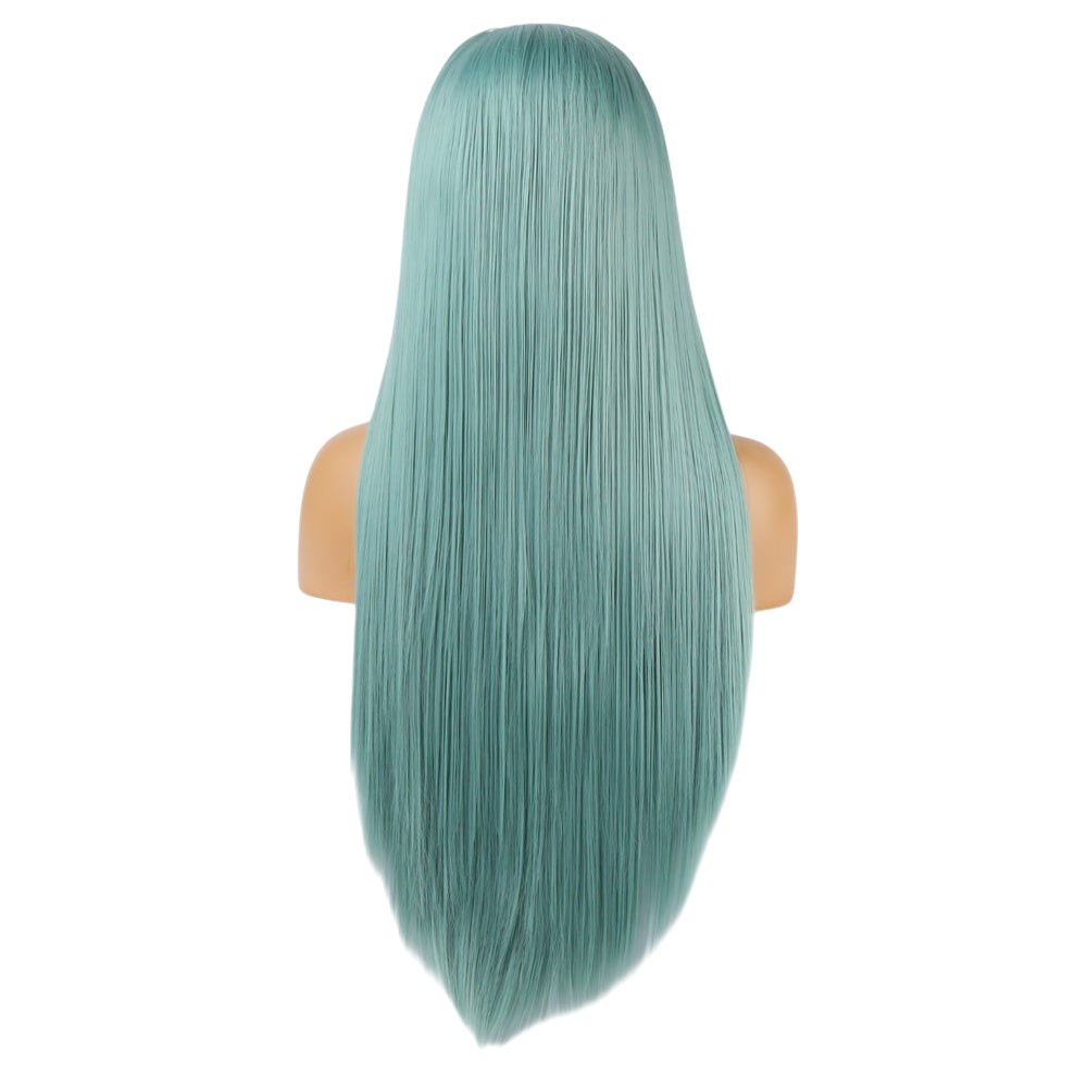 Yoyo Crown long straight mint green synthetic lace front wig on a mannequin head, back view