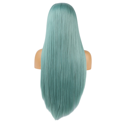 Yoyo Crown long straight mint green synthetic lace front wig on a mannequin head, back view