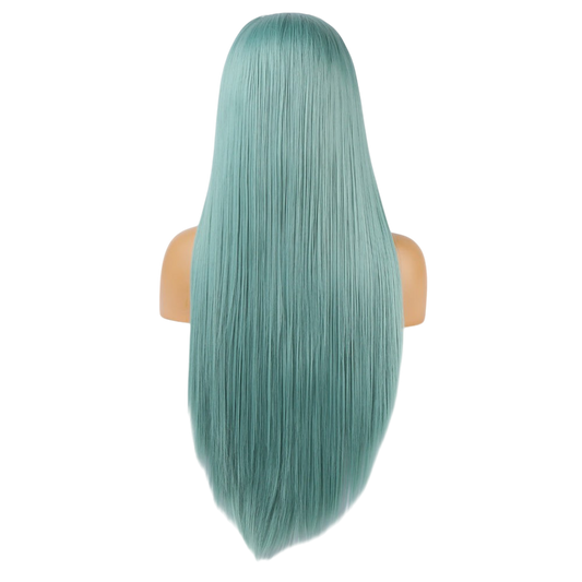 Yoyo Crown long straight mint green synthetic lace front wig on a mannequin head, back view