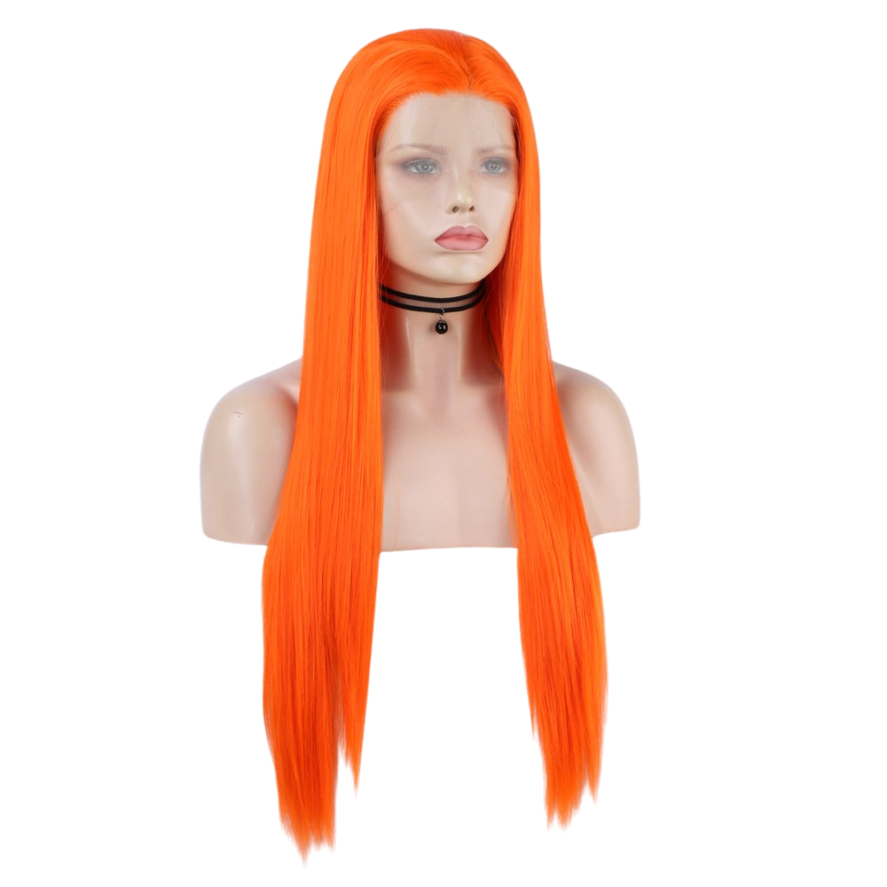 Yoyo Crown long straight vibrant orange lace front wig on a mannequin head with a realistic hairline