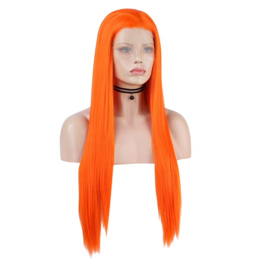 Yoyo Crown long straight vibrant orange lace front wig on a mannequin head with a realistic hairline