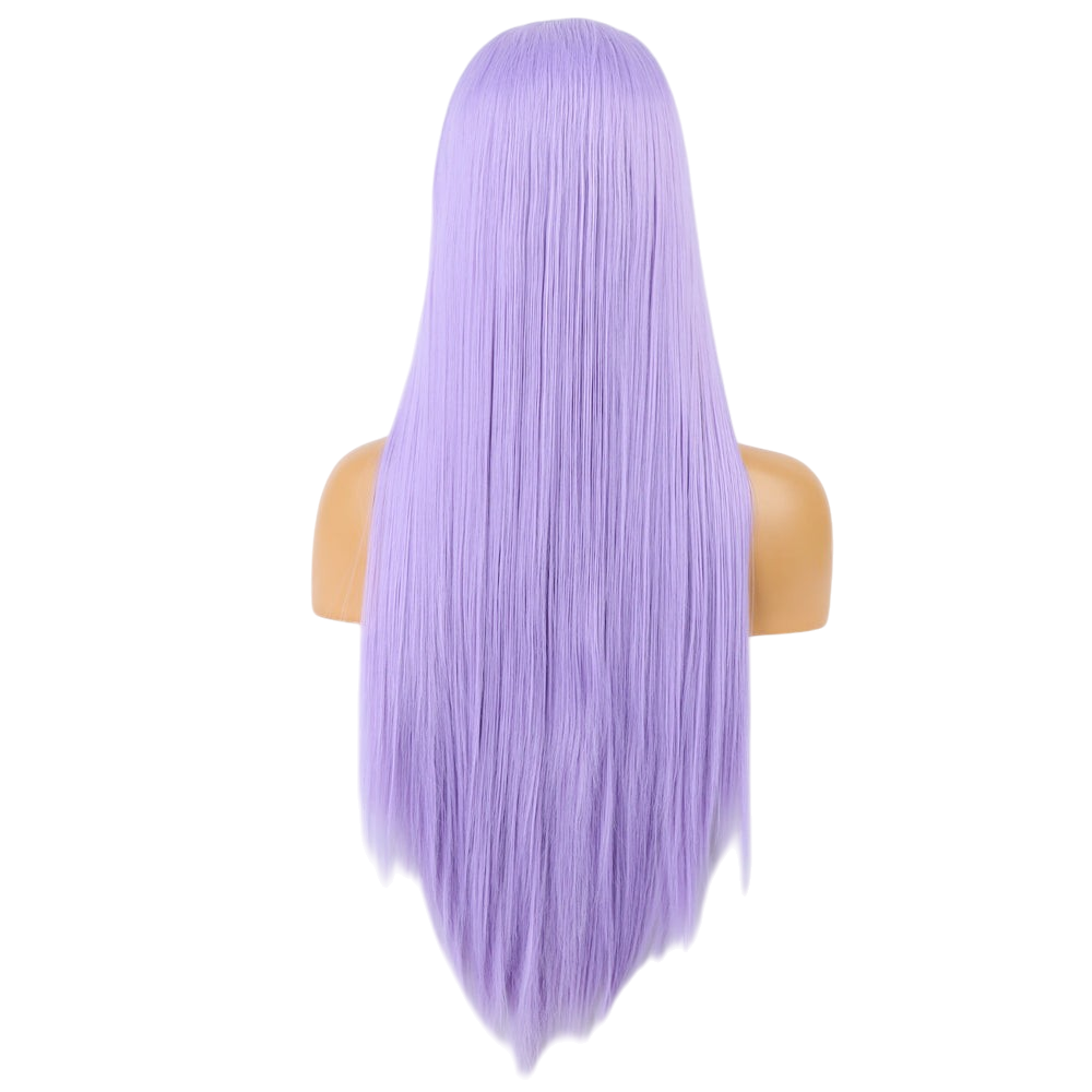 Yoyo Crown long straight light purple wig shown from the back on a mannequin head with a natural matte finish