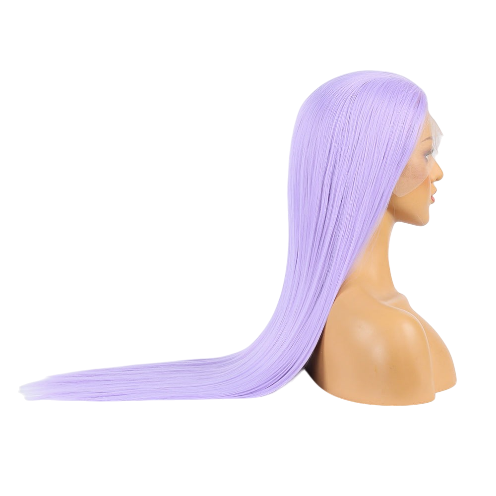 Yoyo Crown long straight light purple lace front wig on a mannequin head, side profile view