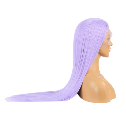 Yoyo Crown long straight light purple lace front wig on a mannequin head, side profile view