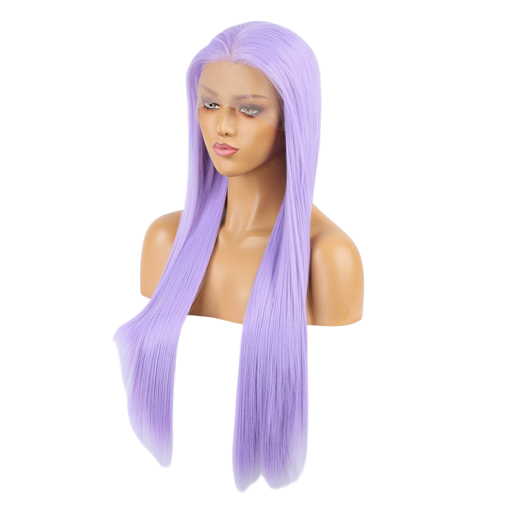 Yoyo Crown long straight light purple lace front wig on a mannequin head with a natural matte finish