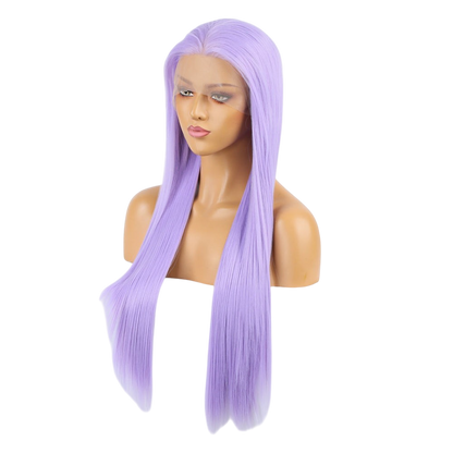 Yoyo Crown long straight light purple lace front wig on a mannequin head with a natural matte finish