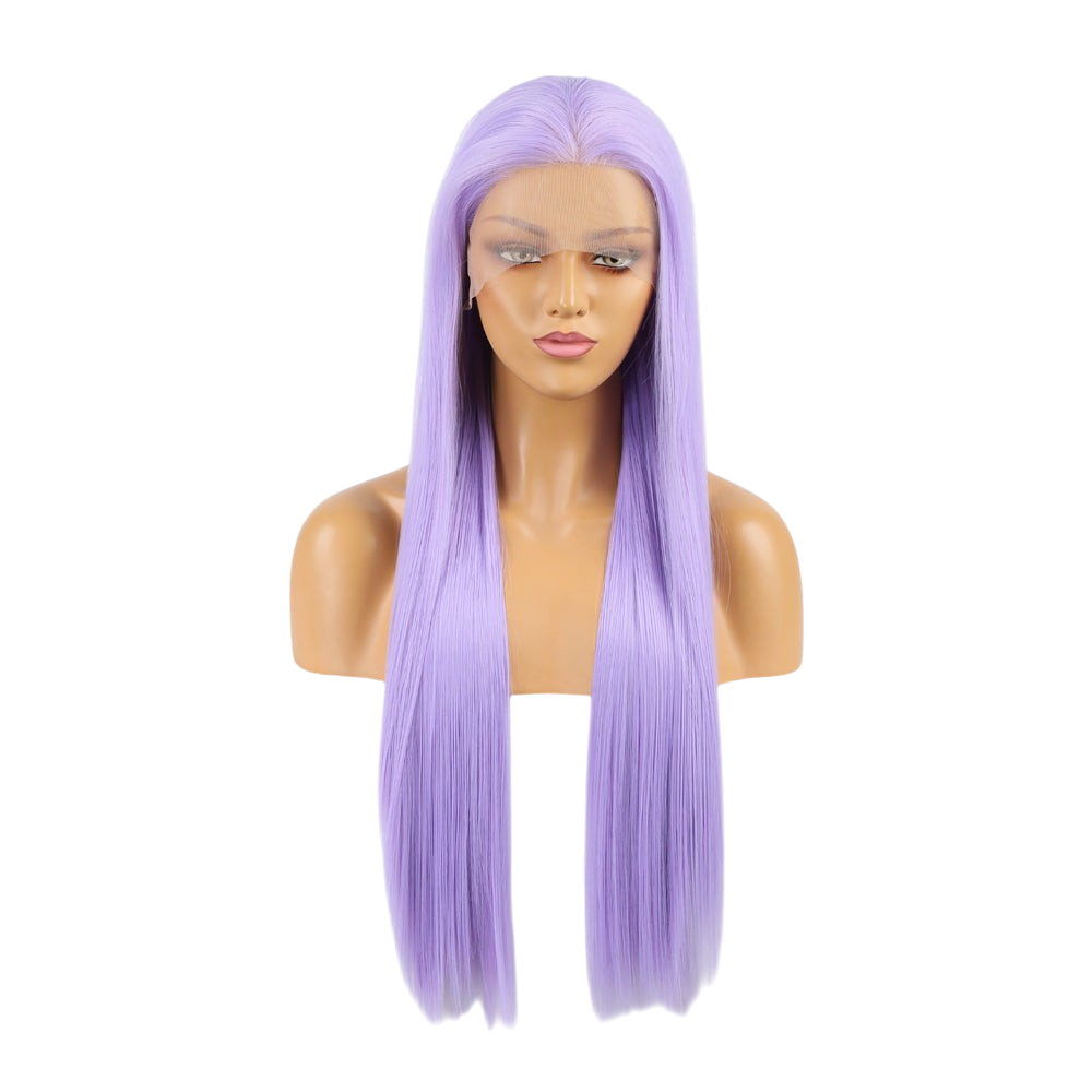 Yoyo Crown long straight light purple lace front wig on a mannequin head with a natural matte finish