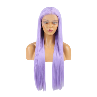 Yoyo Crown long straight light purple lace front wig on a mannequin head with a natural matte finish