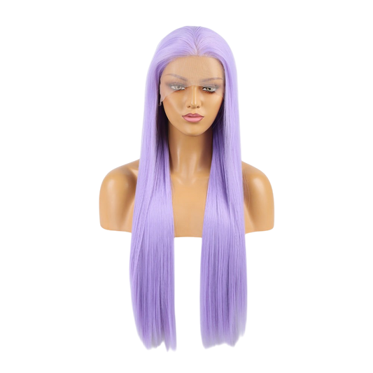 Yoyo Crown long straight light purple lace front wig on a mannequin head with a natural matte finish