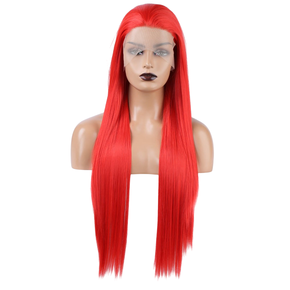 Yoyo Crown long straight vibrant red synthetic lace front wig on a mannequin head with a natural hairline