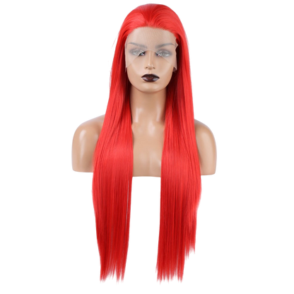 Yoyo Crown long straight vibrant red synthetic lace front wig on a mannequin head with a natural hairline