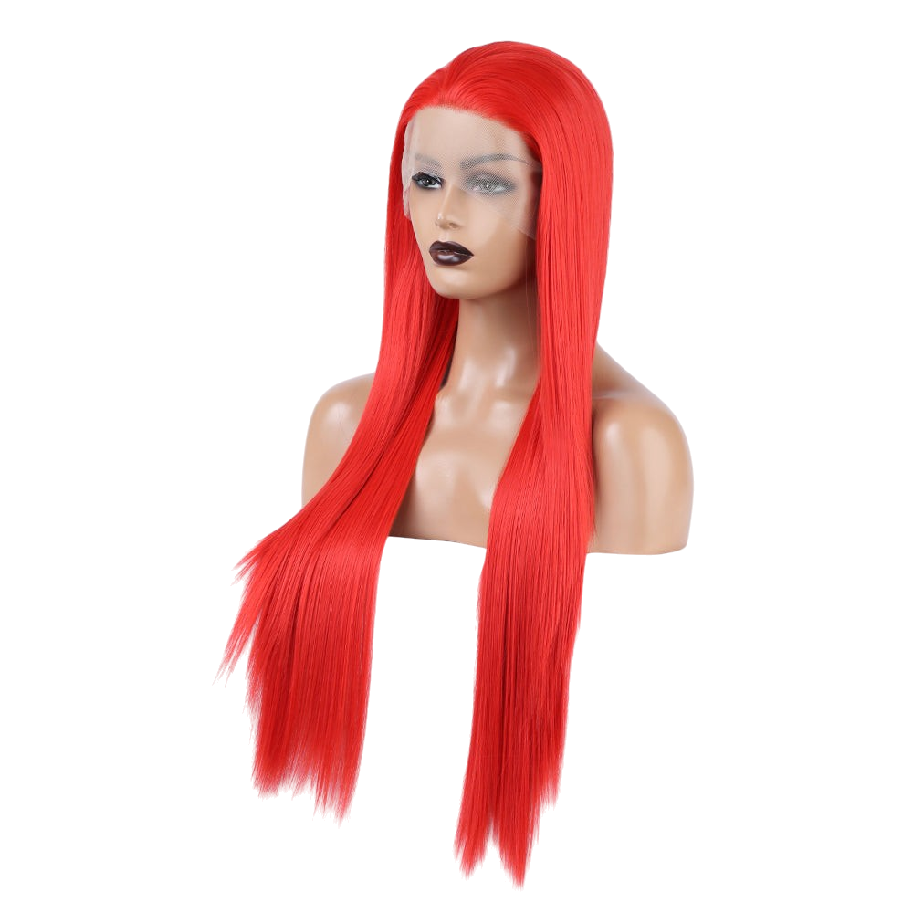 Yoyo Crown long straight red synthetic lace front wig on a mannequin head with a natural hairline