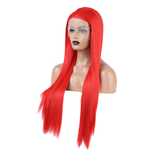 Yoyo Crown long straight red synthetic lace front wig on a mannequin head with a natural hairline