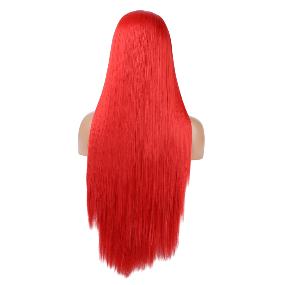 Yoyo Crown long straight vibrant red synthetic lace front wig shown from the back on a mannequin head