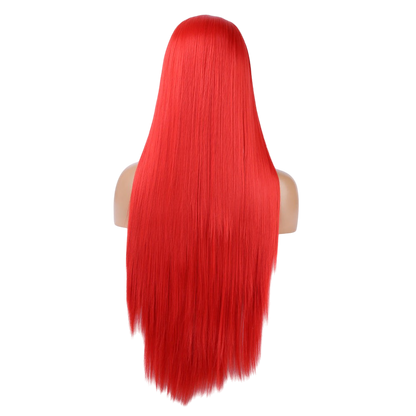 Yoyo Crown long straight vibrant red synthetic lace front wig shown from the back on a mannequin head