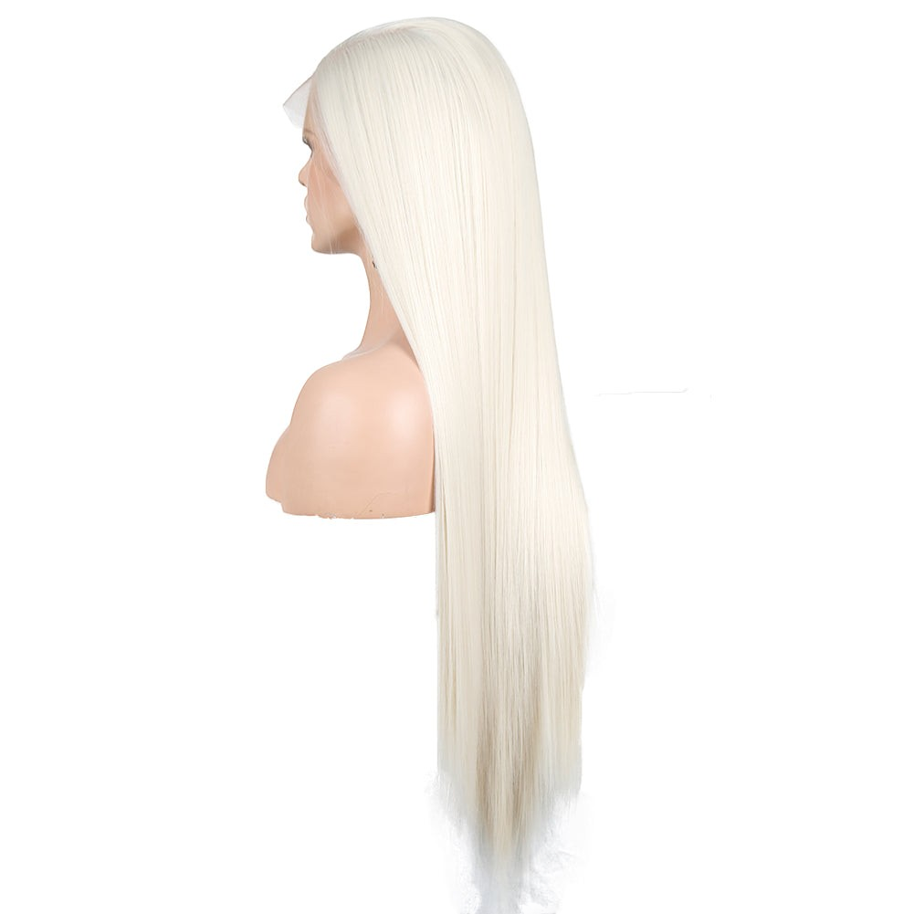 Yoyo Crown long straight white synthetic lace front wig on a mannequin head, side profile view