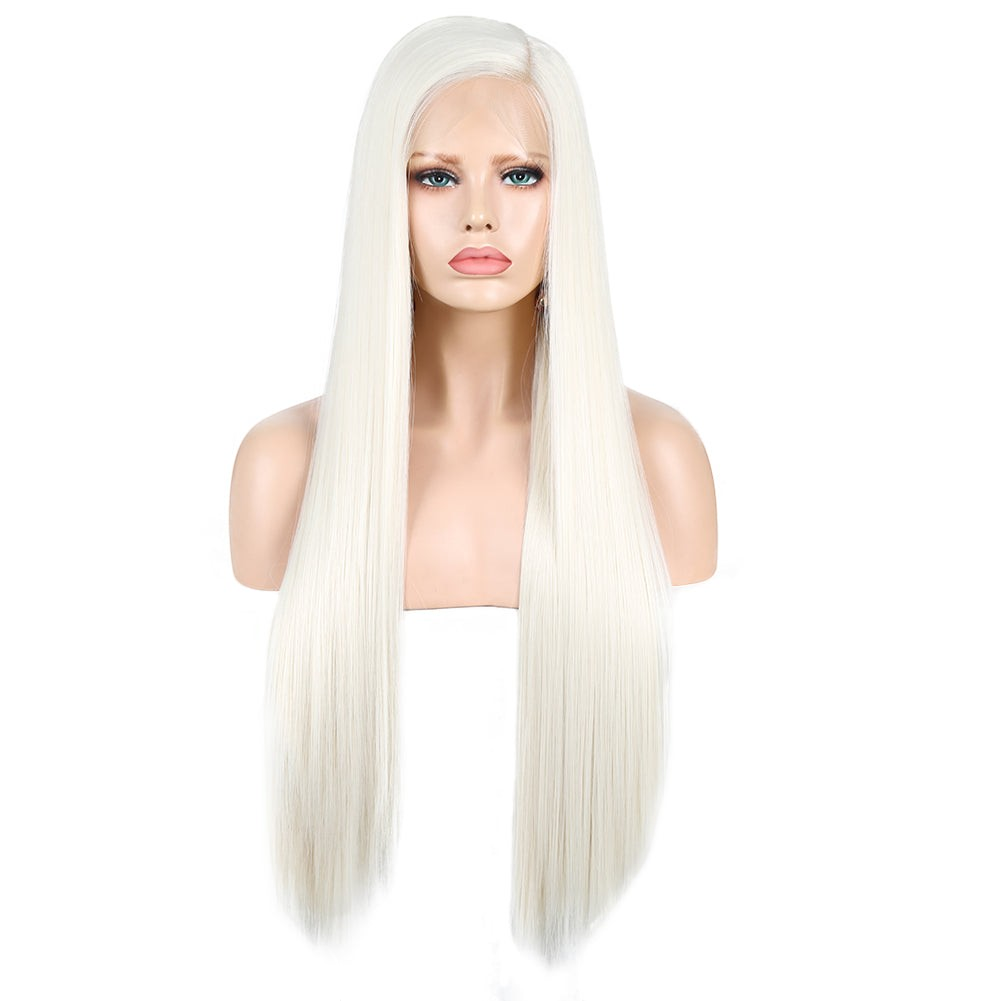 Yoyo Crown long straight white synthetic lace front wig on a mannequin head with a natural-looking hairline.