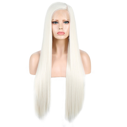 Yoyo Crown long straight white synthetic lace front wig on a mannequin head with a natural-looking hairline.
