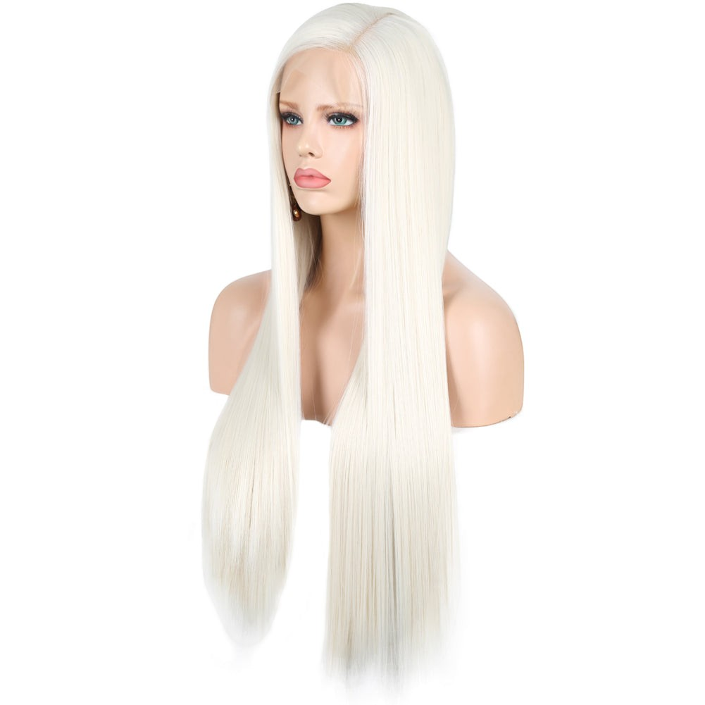 Yoyo Crown long straight white synthetic lace front wig on a mannequin head with a natural hairline.