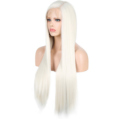 Yoyo Crown long straight white synthetic lace front wig on a mannequin head with a natural hairline.