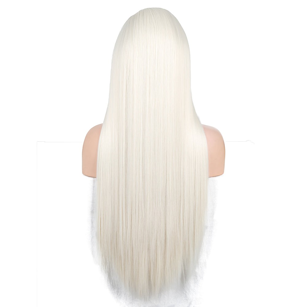 Yoyo Crown long straight synthetic lace front wig in pristine white shown from the back on a mannequin head