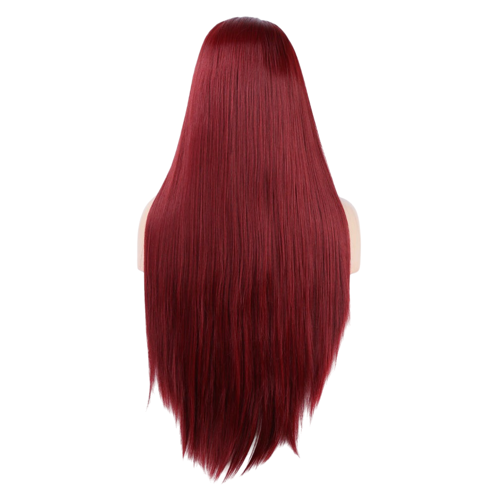 Yoyo Crown long straight wine red synthetic lace front wig viewed from the back on a mannequin head