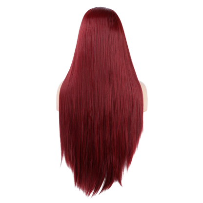 Yoyo Crown long straight wine red synthetic lace front wig viewed from the back on a mannequin head