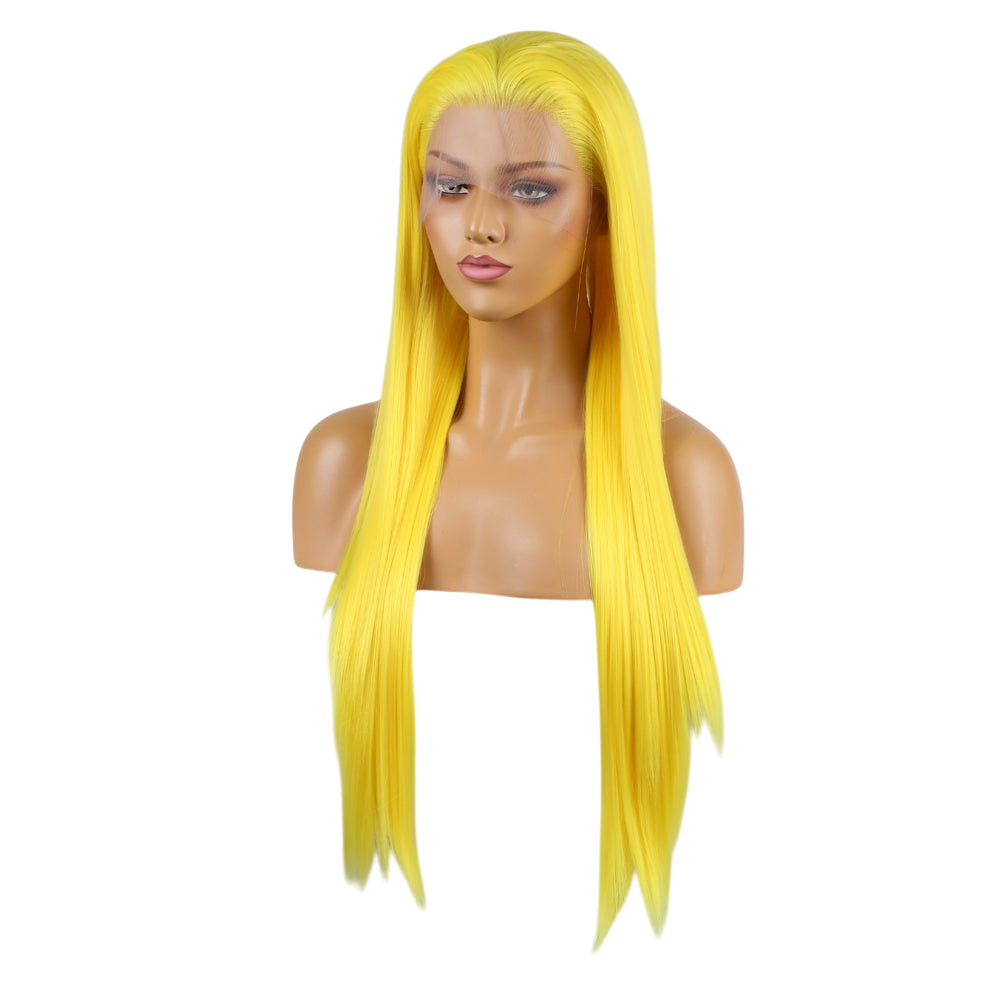 Yoyo Crown long straight yellow lace front wig on a mannequin head with a natural hairline and sleek synthetic fibers