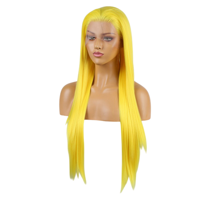 Yoyo Crown long straight yellow lace front wig on a mannequin head with a natural hairline and sleek synthetic fibers
