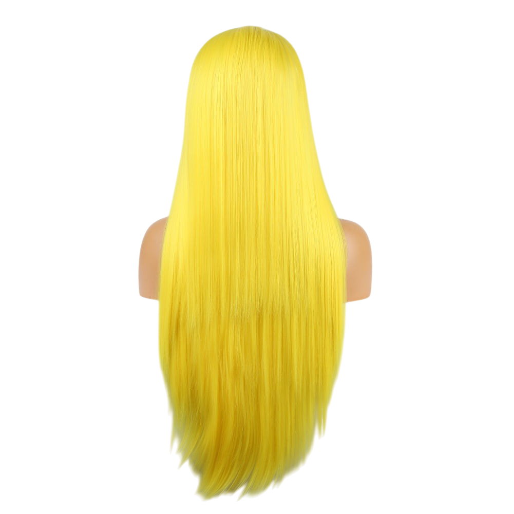 Yoyo Crown long straight yellow synthetic wig shown from the back on a mannequin head