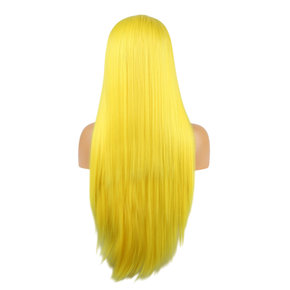 Yoyo Crown long straight yellow synthetic wig shown from the back on a mannequin head