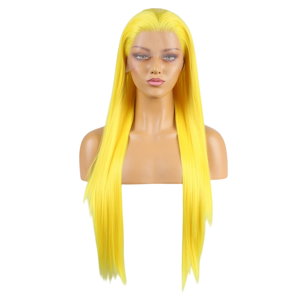 Yoyo Crown long straight yellow synthetic lace front wig on a mannequin head with a natural-looking hairline