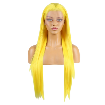 Yoyo Crown long straight yellow synthetic lace front wig on a mannequin head with a natural-looking hairline