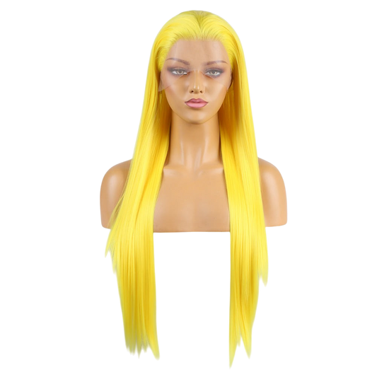 Yoyo Crown long straight yellow synthetic lace front wig on a mannequin head with a natural-looking hairline