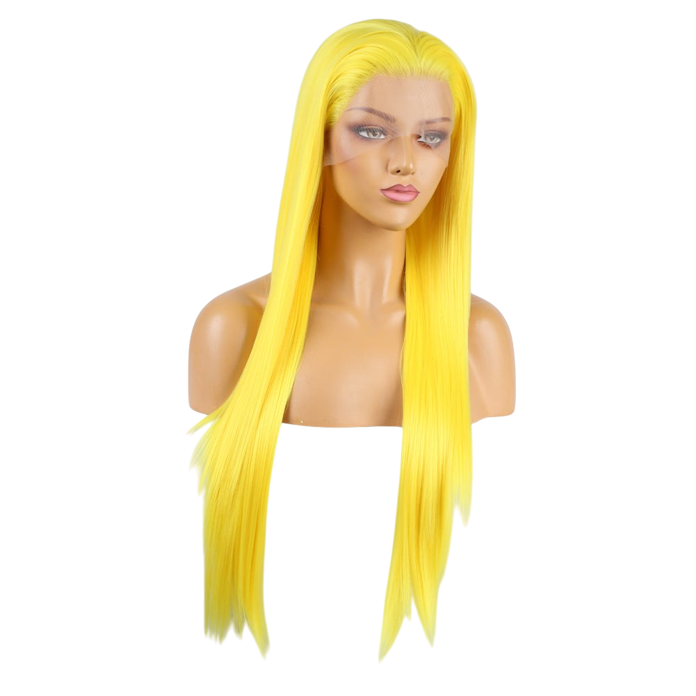 Yoyo Crown long straight vibrant yellow lace front synthetic wig on a mannequin head