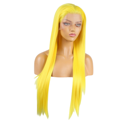 Yoyo Crown long straight vibrant yellow lace front synthetic wig on a mannequin head
