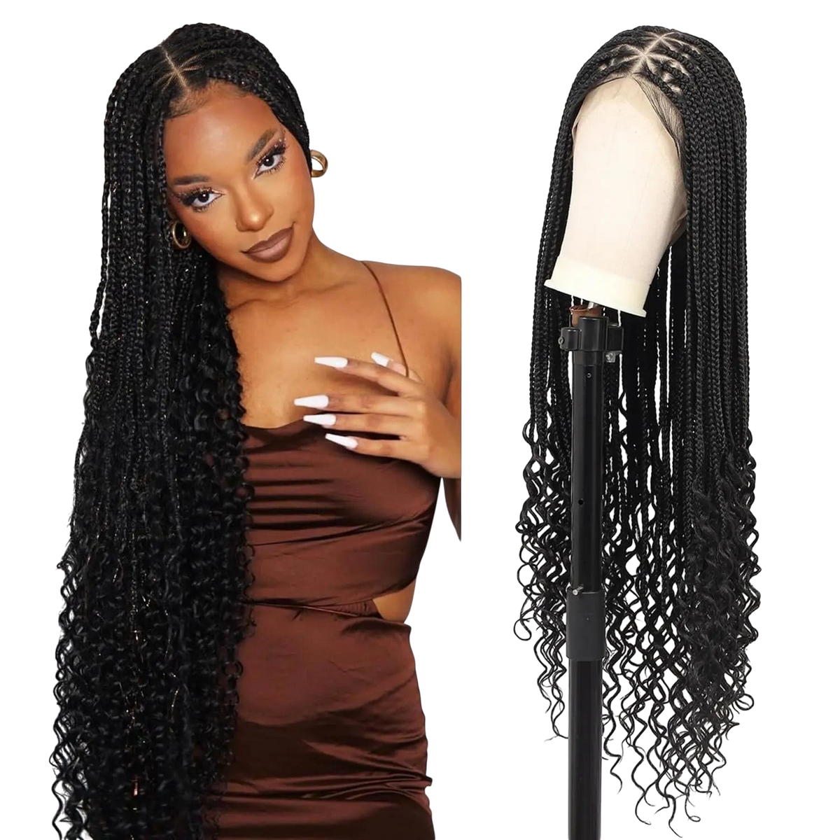 Yoyo Crown long black triangle braided lace front wig with curly ends worn by a model and on a mannequin head