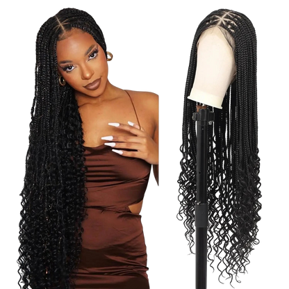 Yoyo Crown long black triangle braided lace front wig with curly ends worn by a model and on a mannequin head