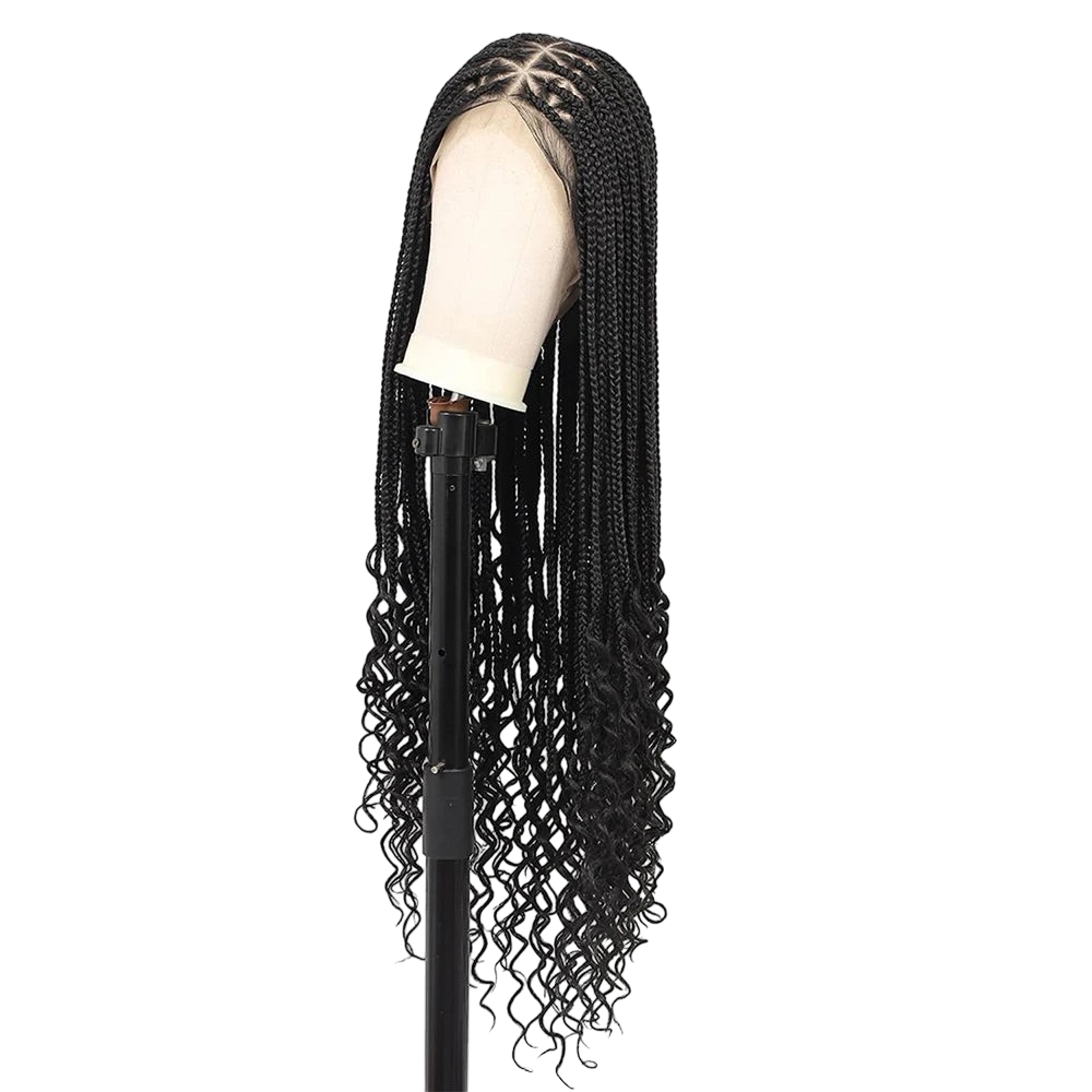 Yoyo Crown long black triangle braided lace front wig with curly ends on a mannequin head