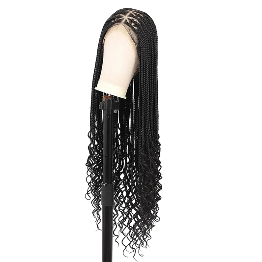 Yoyo Crown long black triangle braided lace front wig with curly ends on a mannequin head