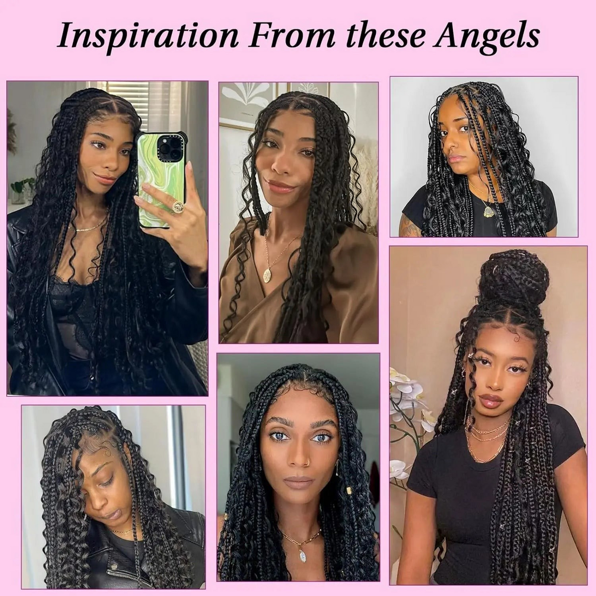 Yoyo Crown long triangle braided lace front wig with curly ends worn by various models in a collage