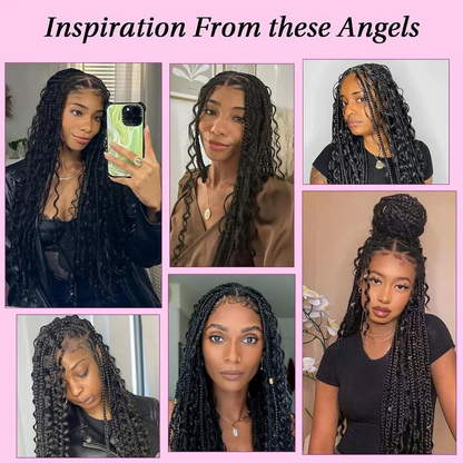Yoyo Crown long triangle braided lace front wig with curly ends worn by various models in a collage