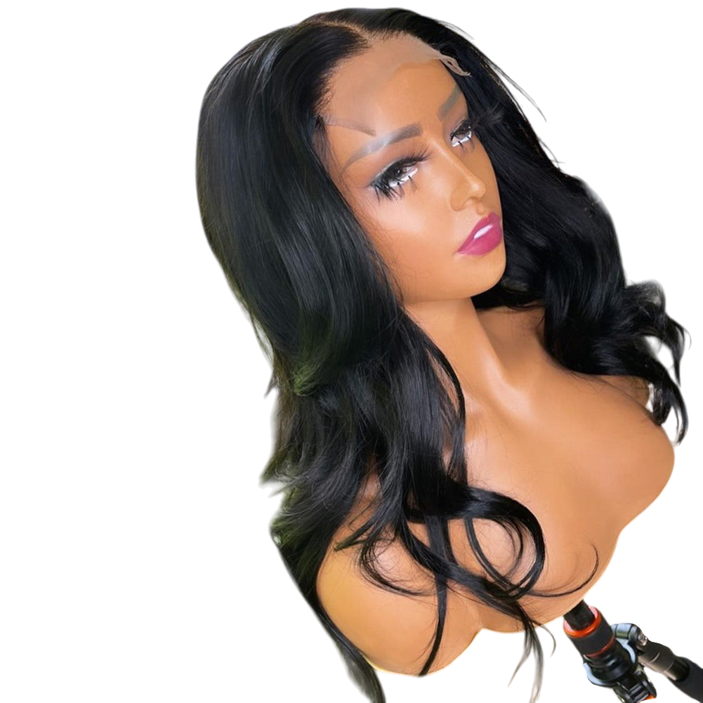 Yoyo Crown long wavy black synthetic hair headband wig on a mannequin head, featuring soft curls and natural texture.
