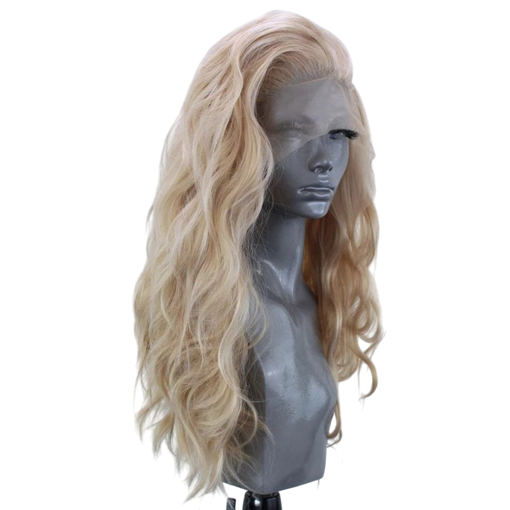 Yoyo Crown long wavy synthetic lace front wig in a soft linen-blonde color on a mannequin head