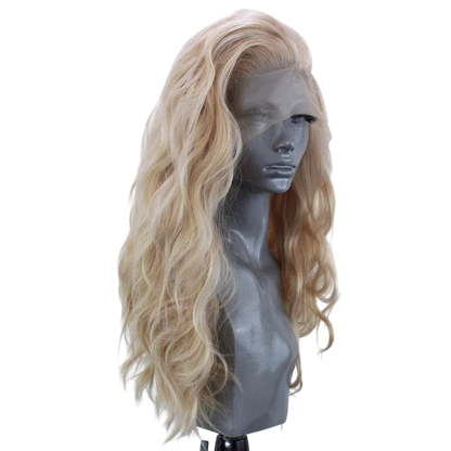 Yoyo Crown long wavy synthetic lace front wig in a soft linen-blonde color on a mannequin head