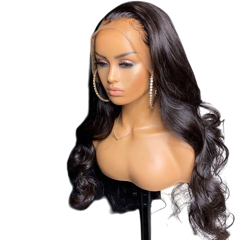 Yoyo Crown long wavy black human hair lace front wig on a mannequin head with a natural-looking hairline