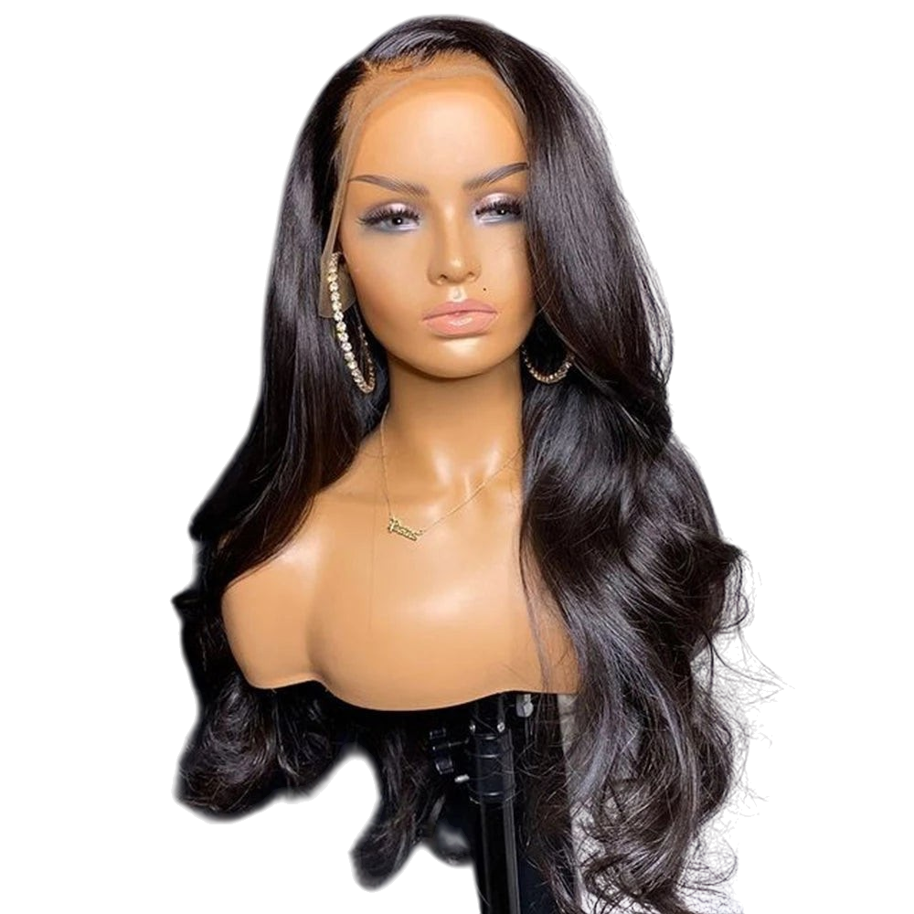 Yoyo Crown long wavy black human hair lace front wig on a mannequin head with a natural-looking hairline